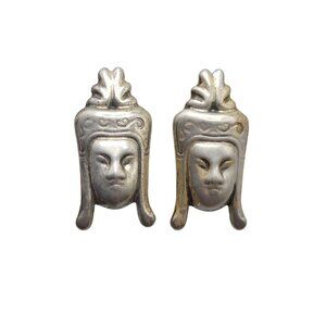 Vintage 925 Sterling Silver Buddha Face Mask Asian Warrior Screwback Earrings